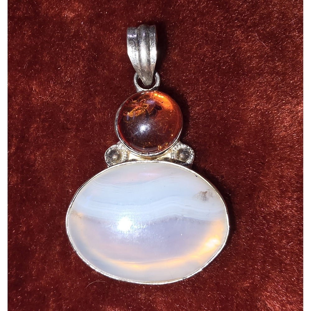 Vintage Sterling Silver Blue Lace Agate And Amber Pendant Crystal Boho 925